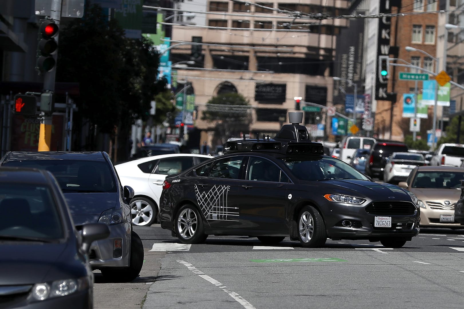 SAN FRANCISCO, CA - MARCH 28:  An Uber self-driving car drives down 5th Street on March 28, 2017 in San Francisco, California. Cars in Uber's self-driving cars are back on the roads after the program was temporarily halted following a crash in Tempe, Arizona on Friday.  (Photo by Justin Sullivan/Getty Images)