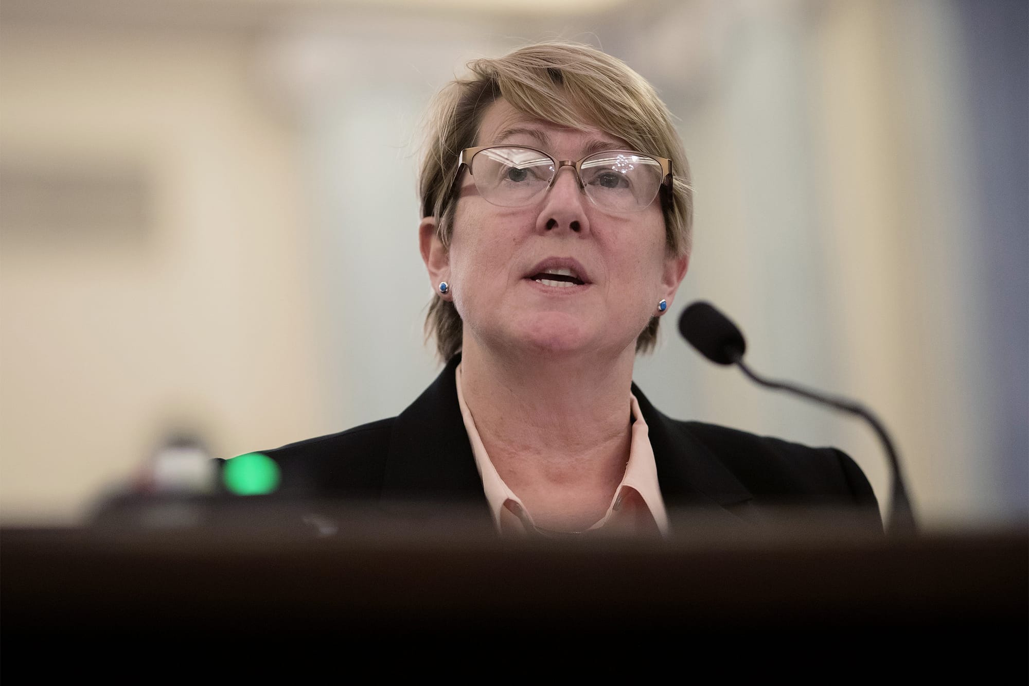 Heidi King, deputy administrator of the National Highway Traffic Safety Administration (NHTSA), speaks during a Senate Commerce Committee hearing on NHTSA and automaker efforts to repair defective Takata Corp. air bag inflators in Washington, D.C., U.S., on Tuesday, March 20, 2018. Takata last month agreed to pay as much as $650 million to settle claims in 44 states and the District of Columbia for defective air bags that can explode in car crashes, sending metal shards flying. Photographer: Eric Thayer/Bloomberg via Getty Images
