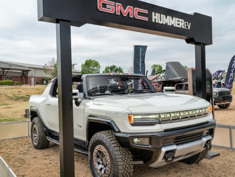 Loveland, CO, USA - August 29, 2021: GMC HUMMER EV pickup, all-electric truck at Overland Expo Mountain West.