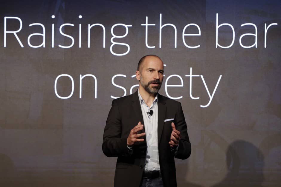 Uber CEO Dara Khosrowshahi speaks during the company's unveiling of the new features in New York, Wednesday, Sept. 5, 2018. Uber is aiming to boost driver and passenger safety in an effort to rebuild trust in the brand.(AP Photo/Richard Drew)